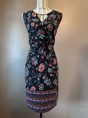 BeachLunchLounge Black Floral Midi Dress Sleeveless Boho Tassel Tie Rayon Large